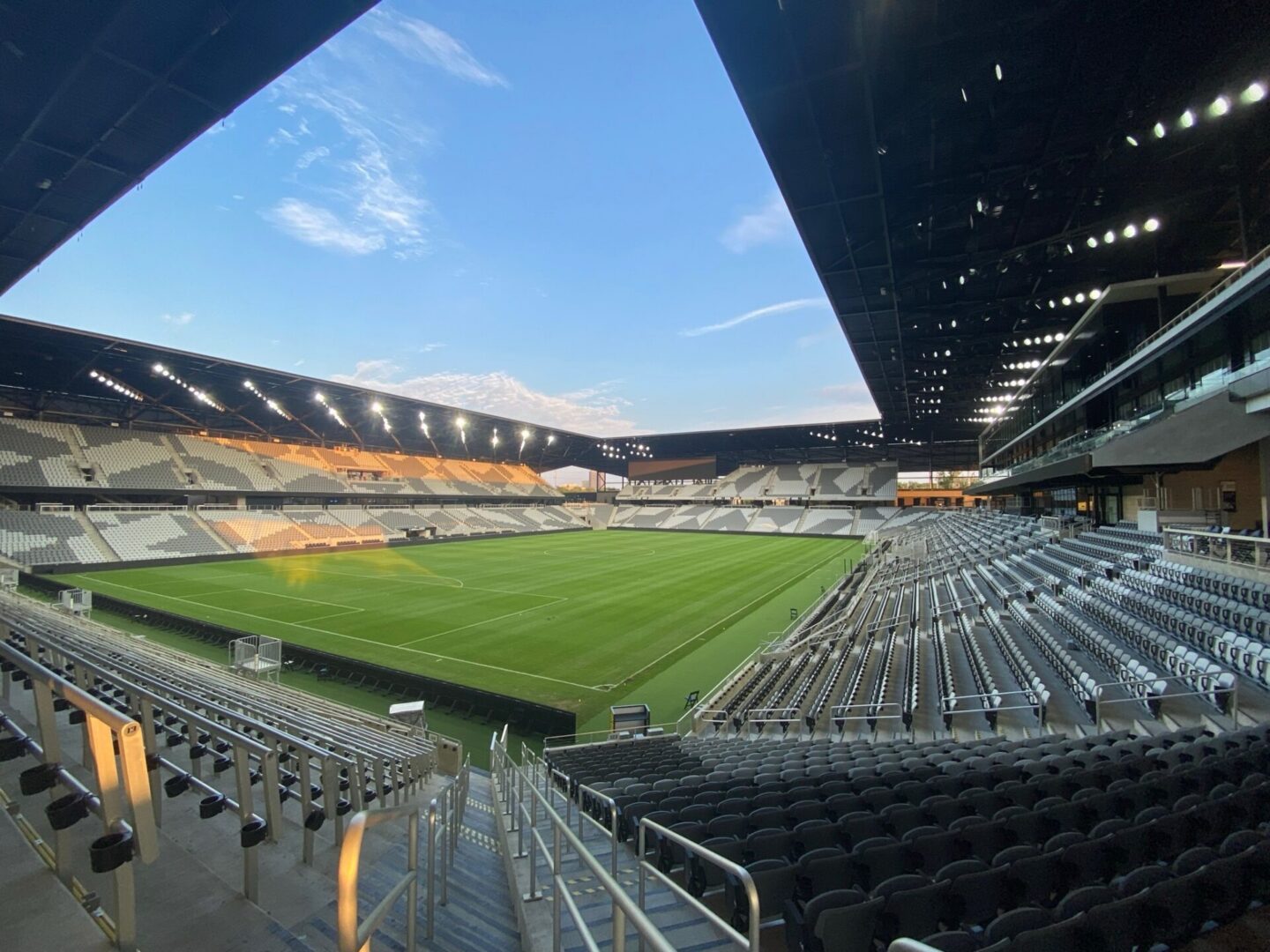 Modern stadium with black and white seats