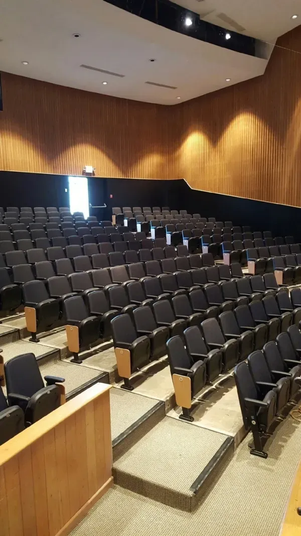 Empty auditorium with rows of black seats.