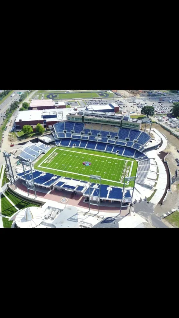 Aerial view of a large football stadium.